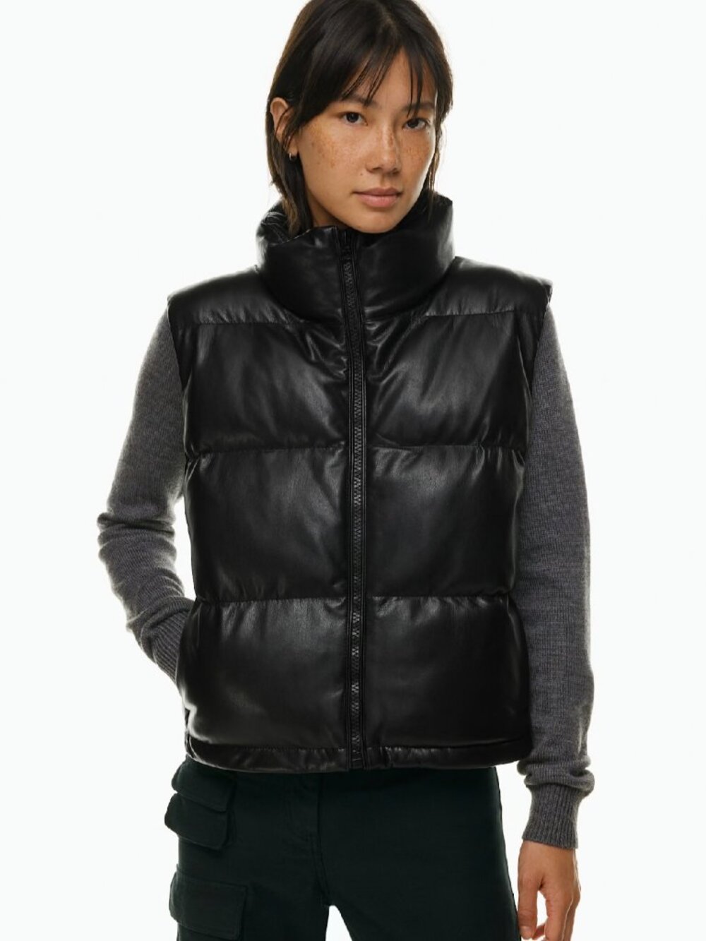 Wilfred Free Black Vegan Leather Zip Front Vista Puffer Vest in Women's Large